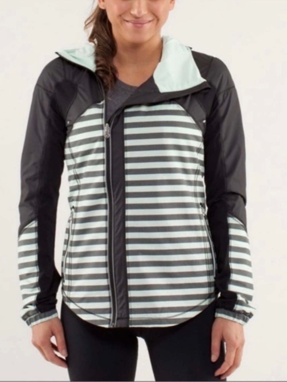 Lululemon Get Up And Glow Hooded Jacket Mint and Black Stripes Size 10